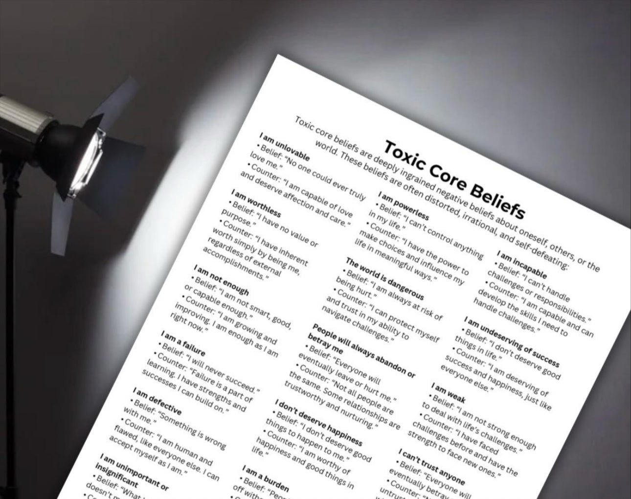 Toxic Core Beliefs Cheat Sheets Therapeutic Intervention Emotional Recovery