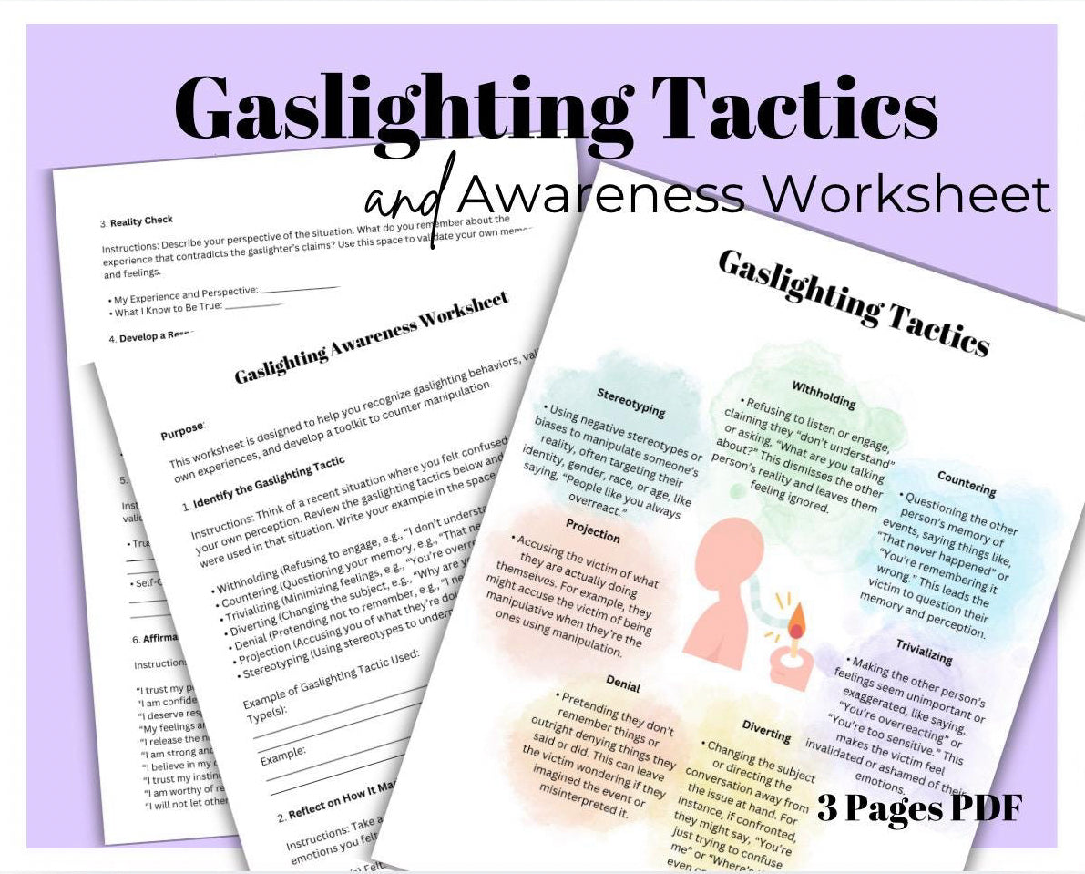 Gaslighting Tactics Gaslighting Awareness Worksheet Identify Manipulation Tactics Therapy Tool for Emotional Abuse Revovery