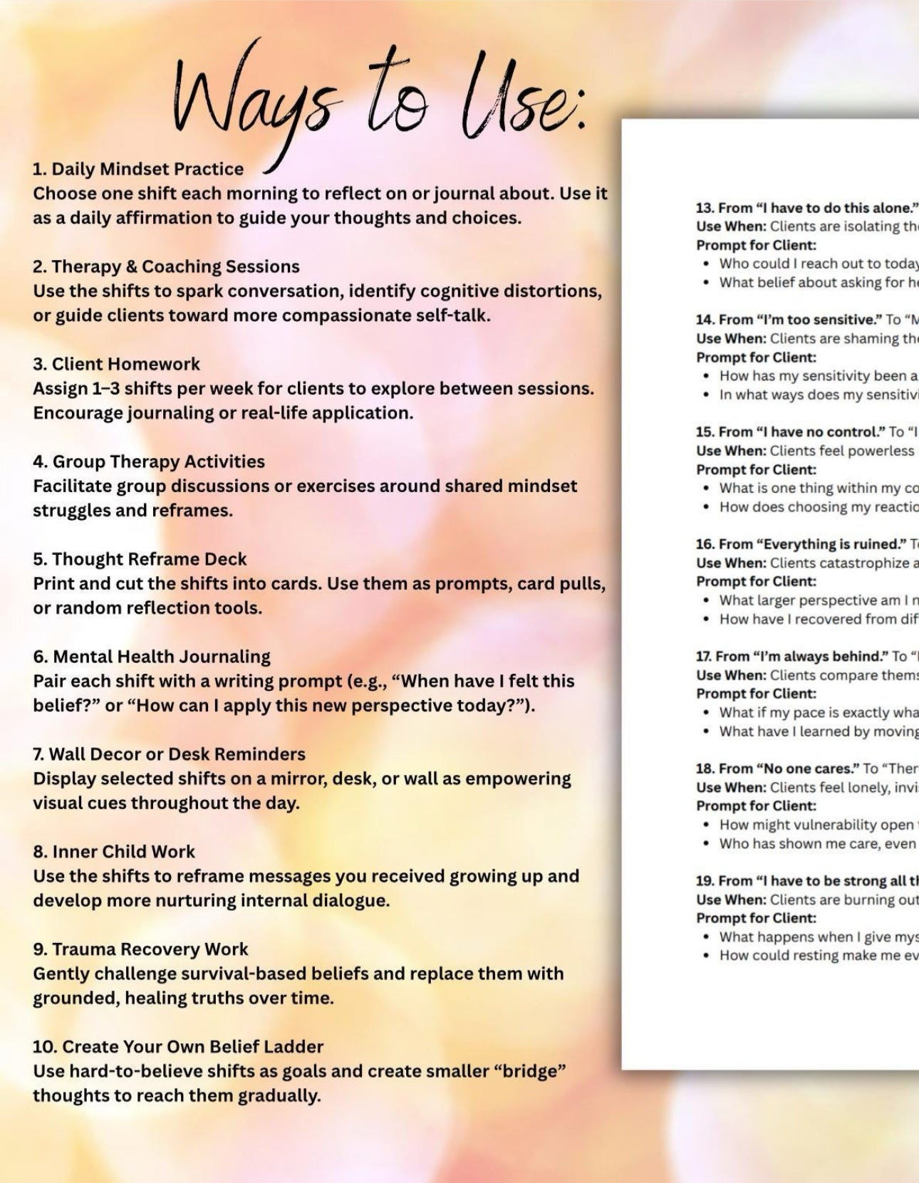 Therapeutic Perspective Shifts Cognitive Reframing Tool Mental Health Therapy Worksheets Inner Dialogue