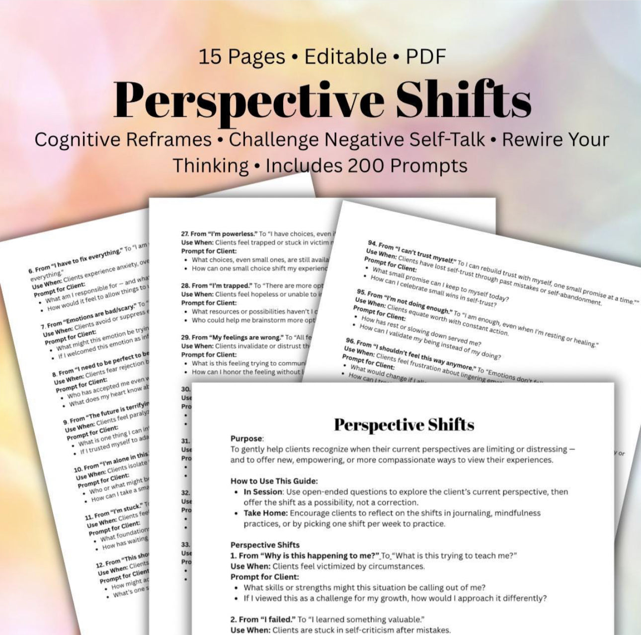 Therapeutic Perspective Shifts Cognitive Reframing Tool Mental Health Therapy Worksheets Inner Dialogue