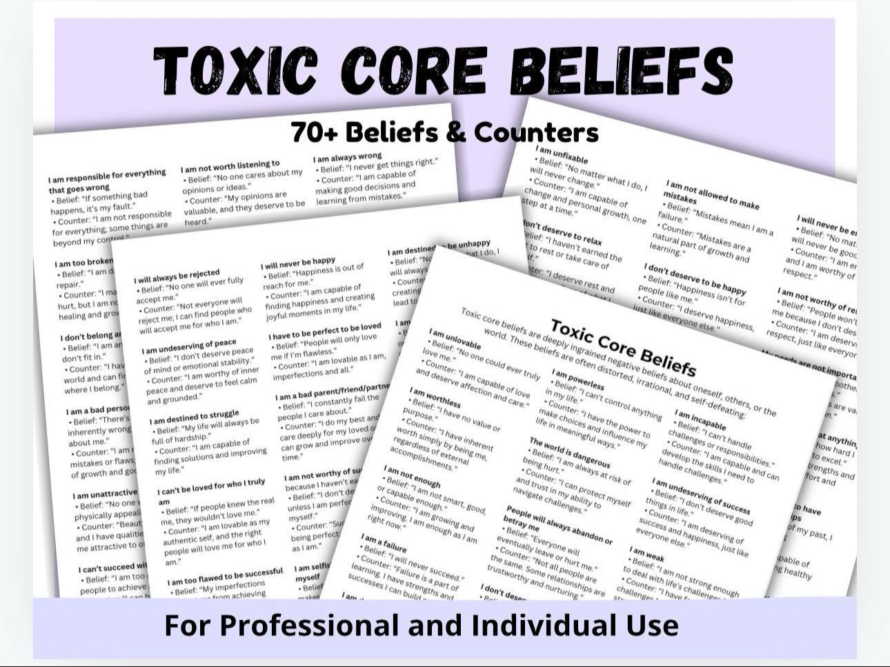 Toxic Core Beliefs Cheat Sheets Therapeutic Intervention Emotional Recovery