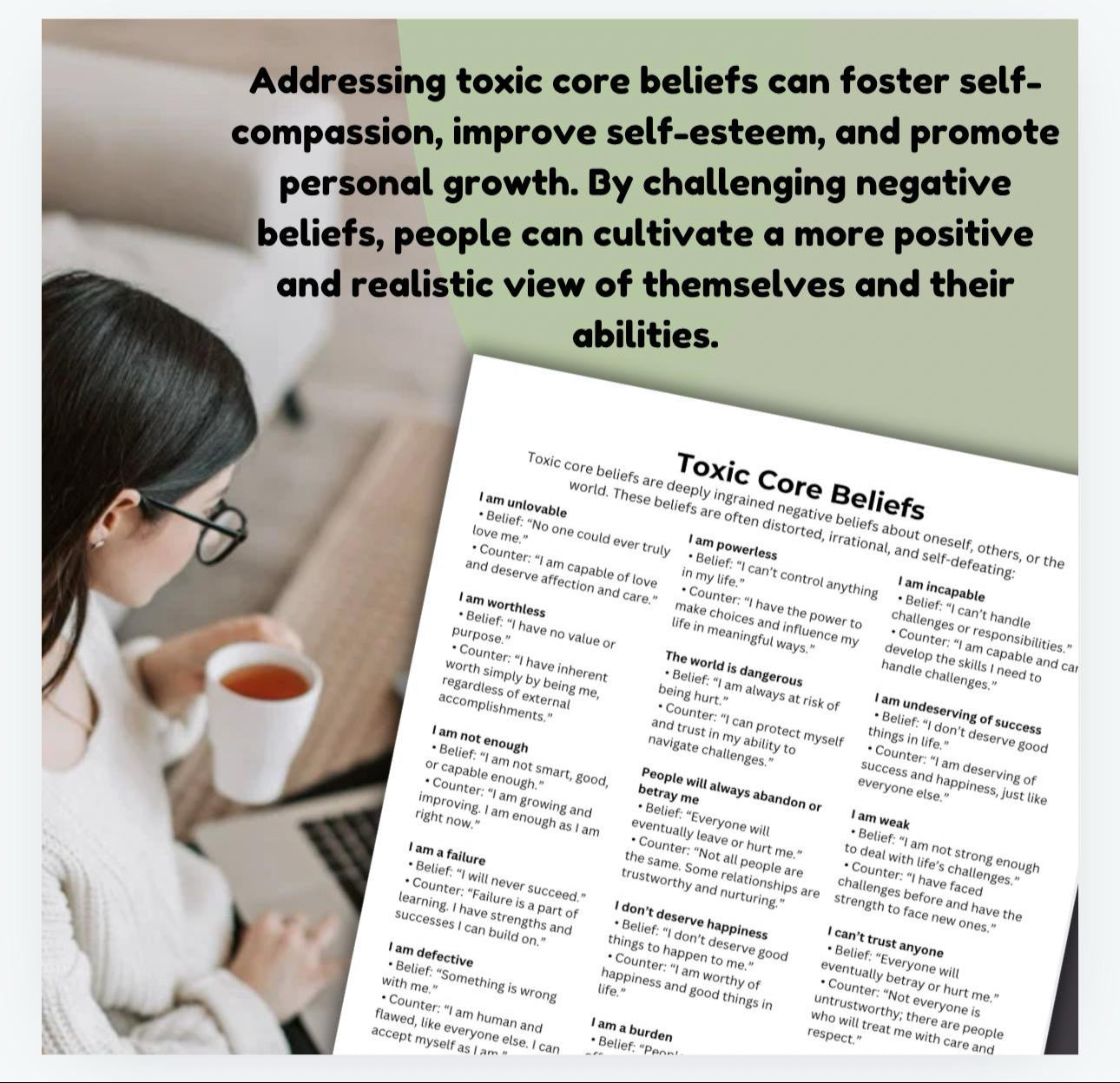 Toxic Core Beliefs Cheat Sheets Therapeutic Intervention Emotional Recovery