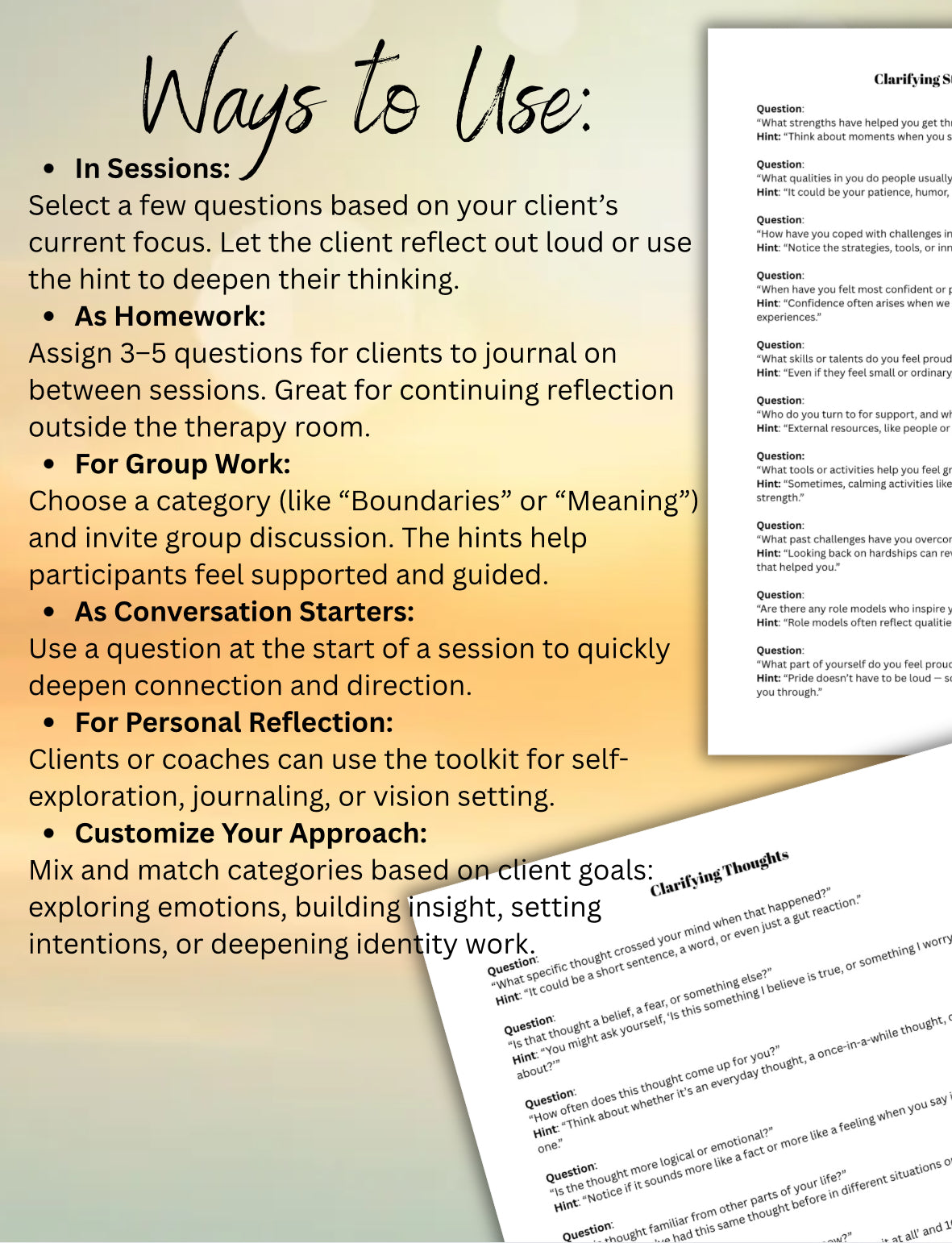 Therapist Clarifying Questions Pack  Therapy Questions with Client Reflection Hints Mental Health Professionals Tool