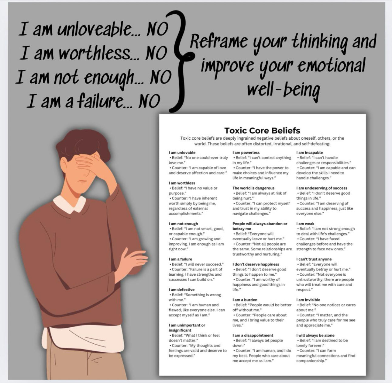 Toxic Core Beliefs Cheat Sheets Therapeutic Intervention Emotional Recovery