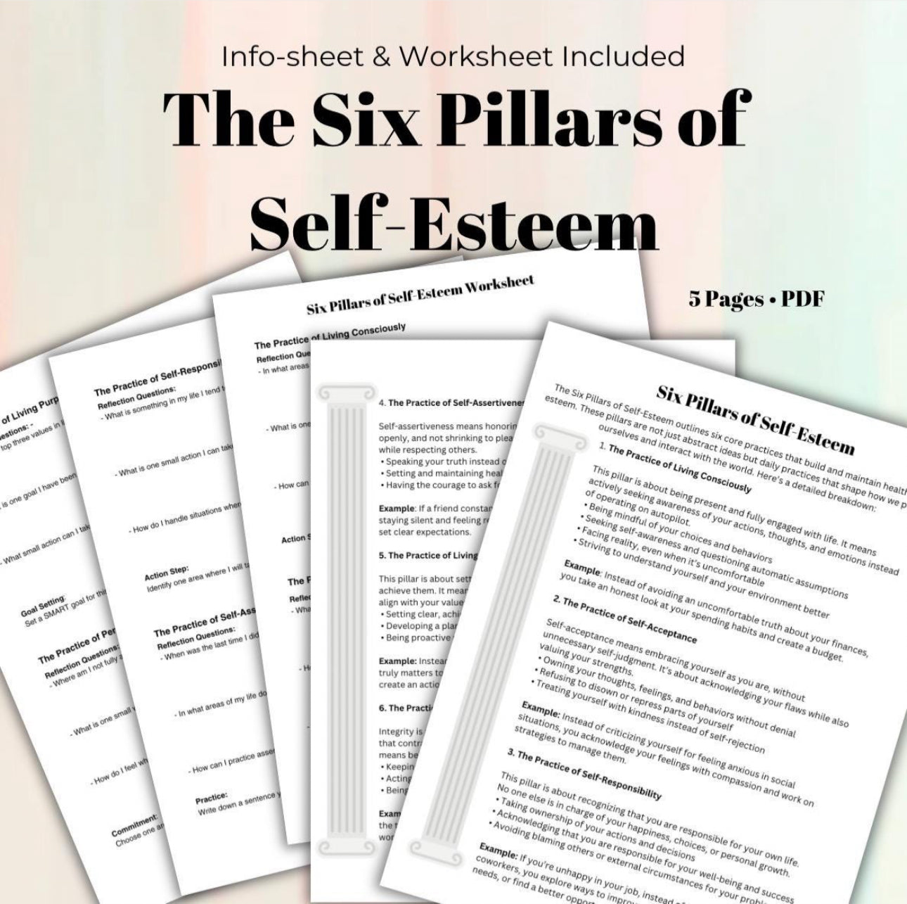 Six Pillars of Self-Esteem Bundle Guided Worksheet Info Sheet for Confidence & Growth