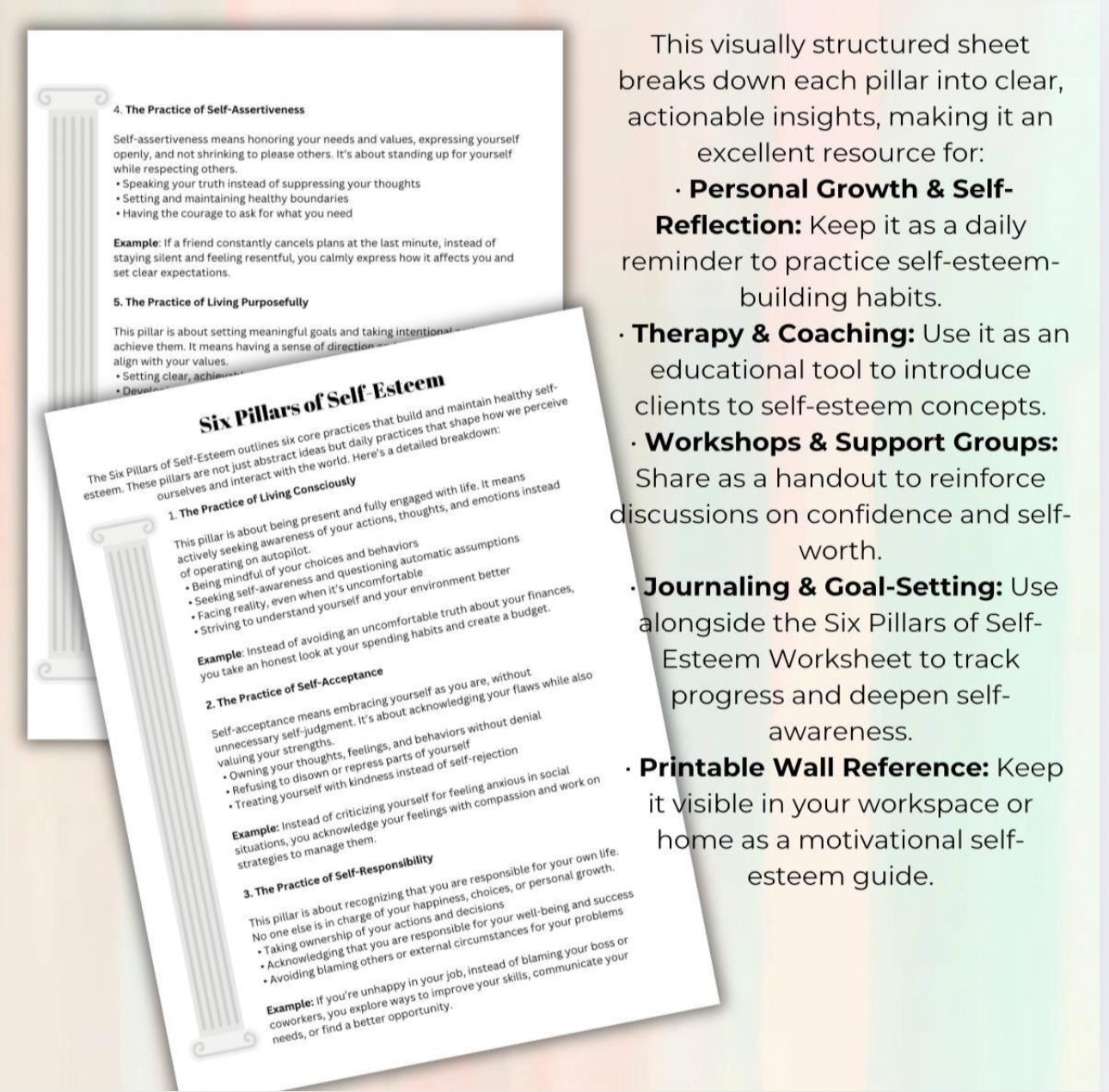 Six Pillars of Self-Esteem Bundle Guided Worksheet Info Sheet for Confidence & Growth