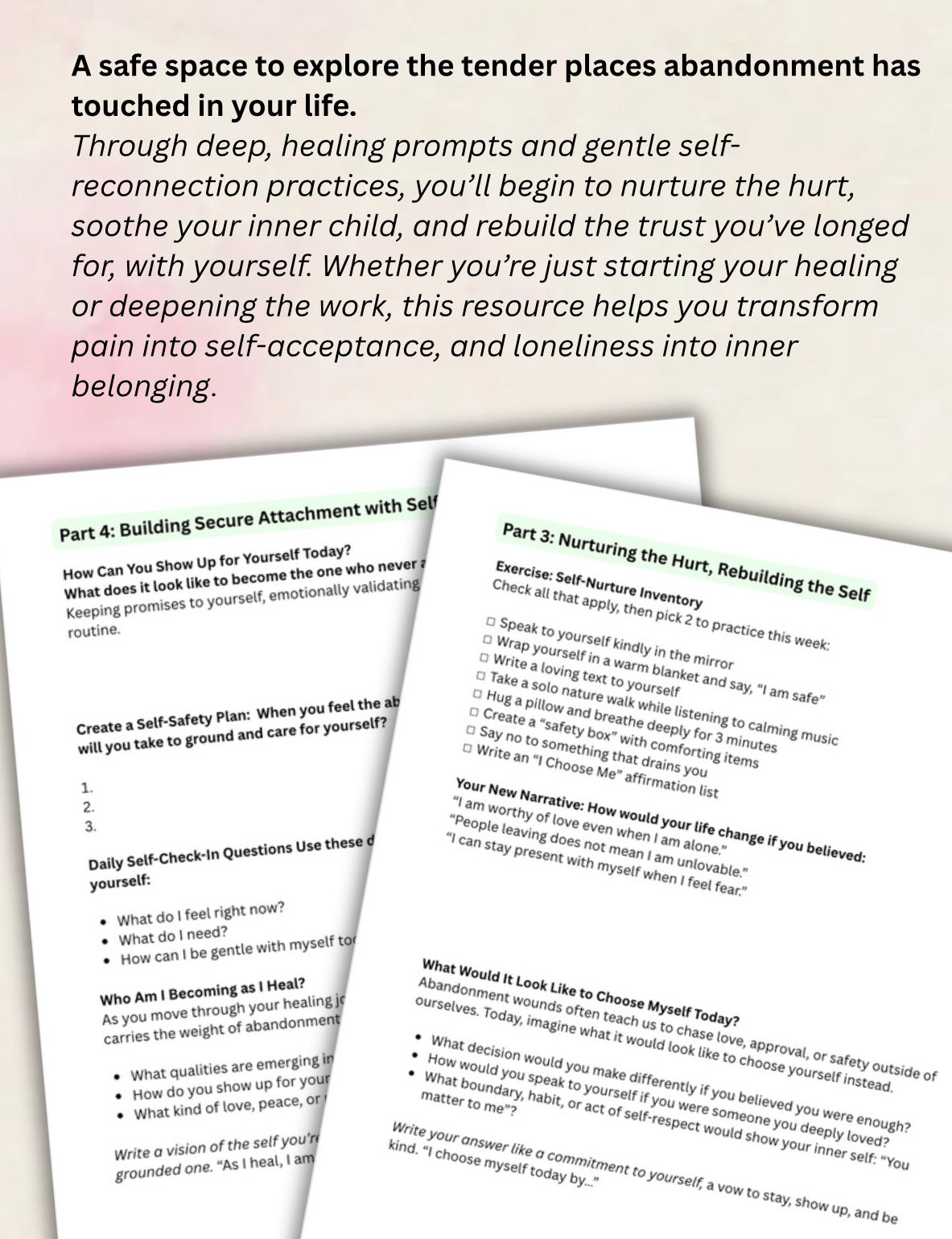 Inner child healing and self-reparenting exercises for trauma recovery PDF with prompts for self-compassion, attachment repair, and coping tools